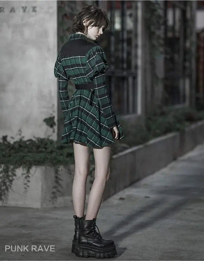 Панк рейв Женская гранж с пышными рукавами зеленый плед платье рубашка поясом PQ