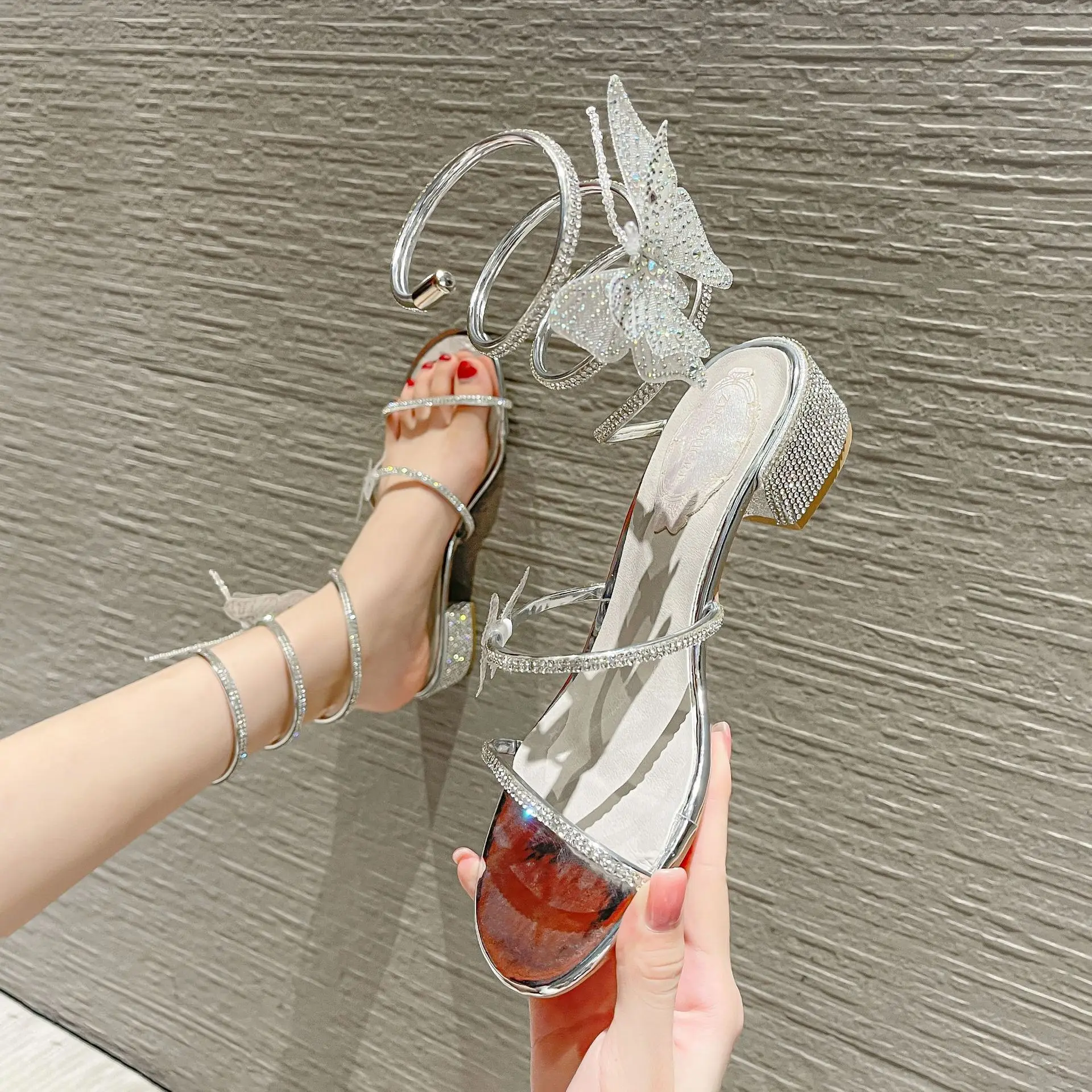 

Sandals Sexy Strappy Heels Shoes 2021 Women's Suit Female Beige Med Girls New Clear Fashion Black Comfort Rhinestone Gladiator