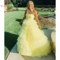 yellow tulle long a line prom dress tiered 2020 fashion elegant evening gown strapless sweep train special occasion graduation