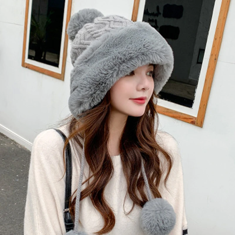 outdoor hot sale girl warm ski 2022 new brand big fur pom poms ball knitted hats set winter women beanie hat thick female free global shipping
