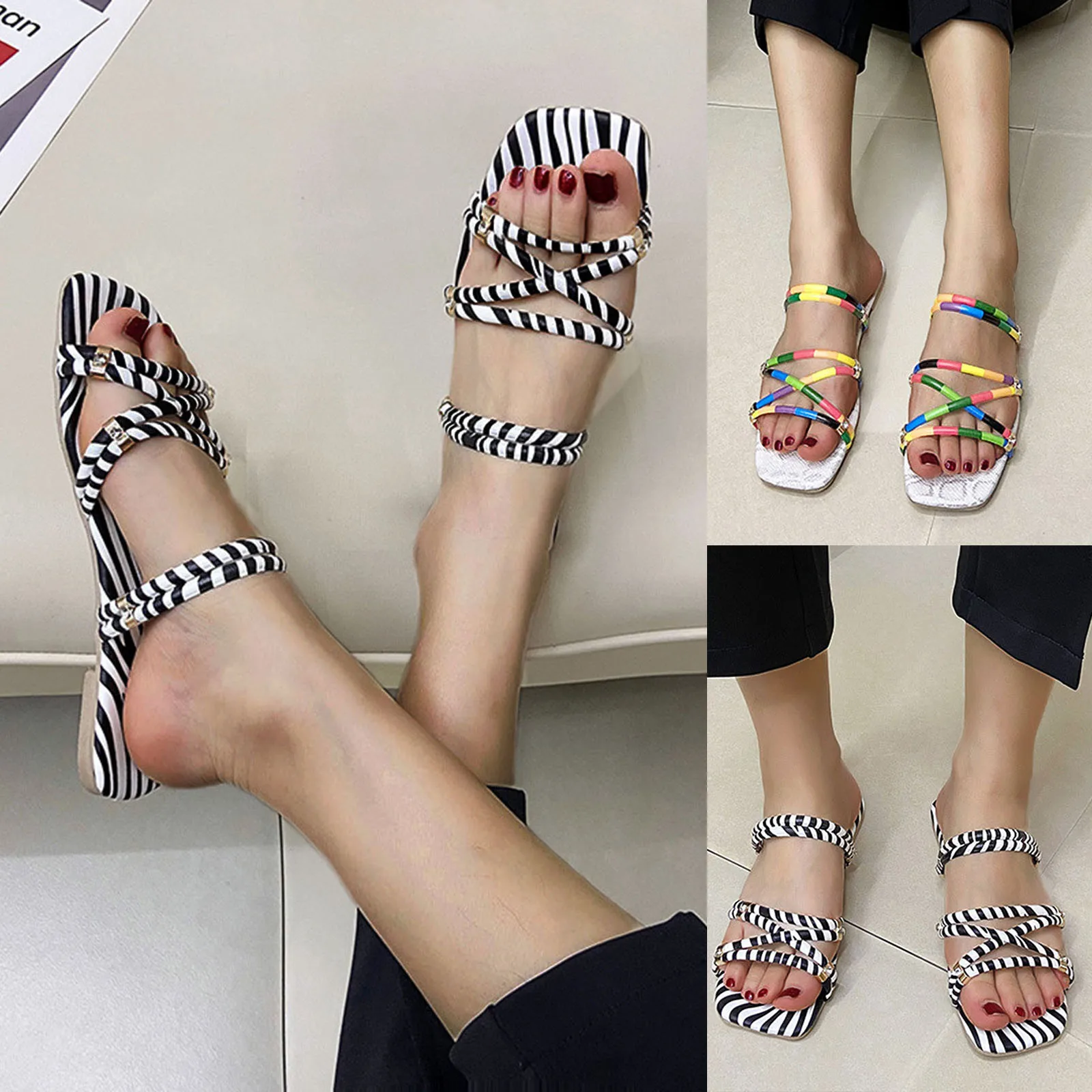 Сандалии женские в полоску пляжные шлепанцы квадратный носок плоская подошва