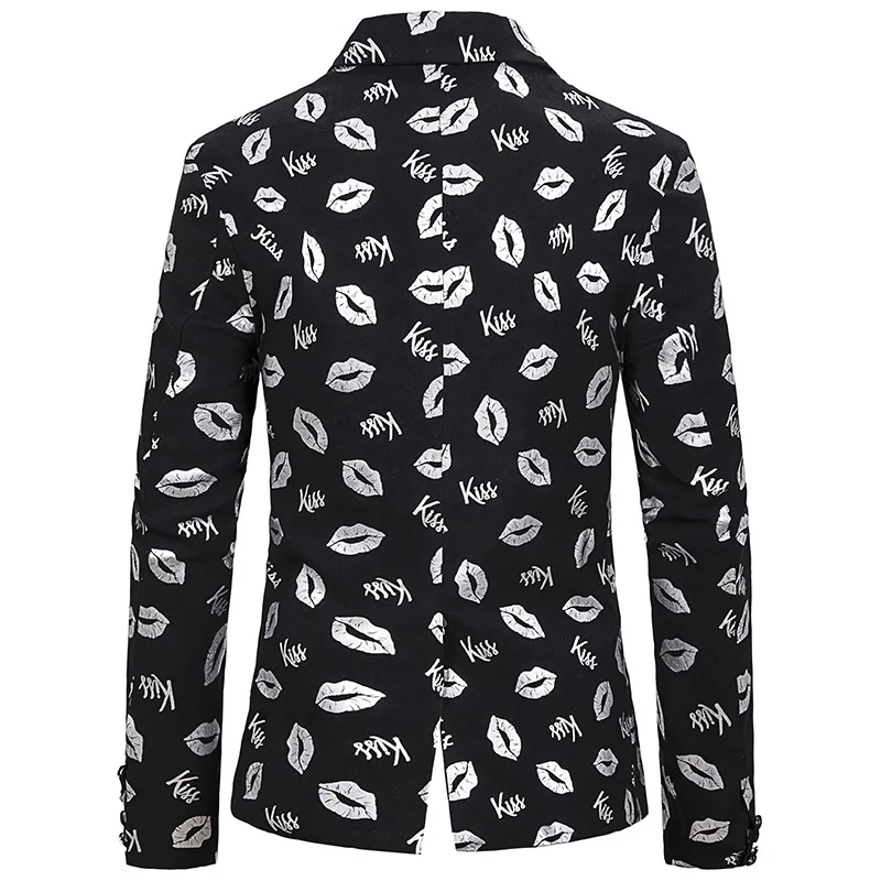 

Men's Shiny Gold Kiss Lip Print Party Suit Jacket Blazer Notched Lapel Slim Fit Tuxedo Blazer Men Prom Stage Clothes for Singers