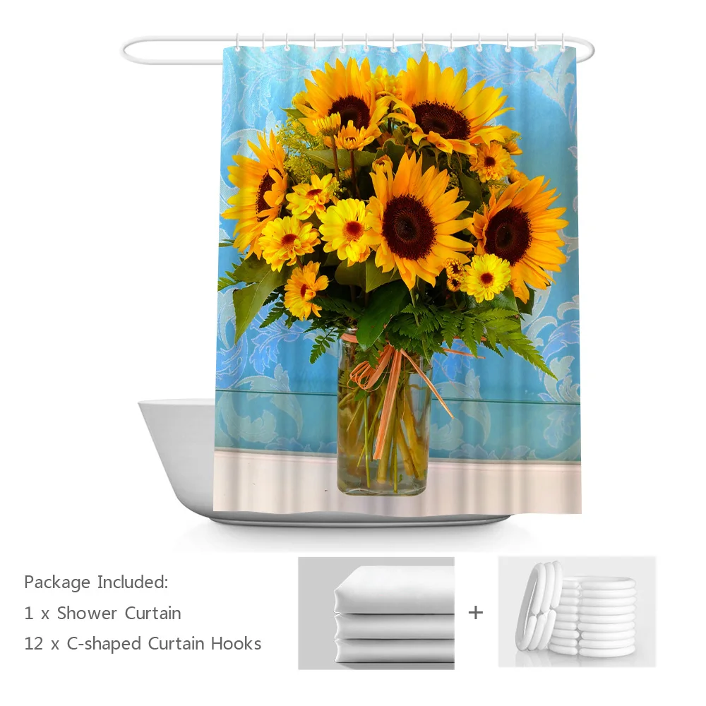 

Sunflower in Glass Vase Shower Curtains Floral Bouquet Bathroom Curtains Retro Style Yellow Flower Polyester Fabric Bath Curtain