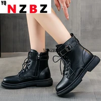 2021 autumn new round toe womens ankle boots platform lace up square heel soft womens shoes shallow buckle women casual boots