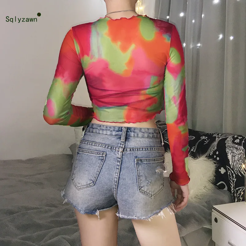 Женские в цветные кадраты Прозрачная сетка короткий топ сексуальный уличная