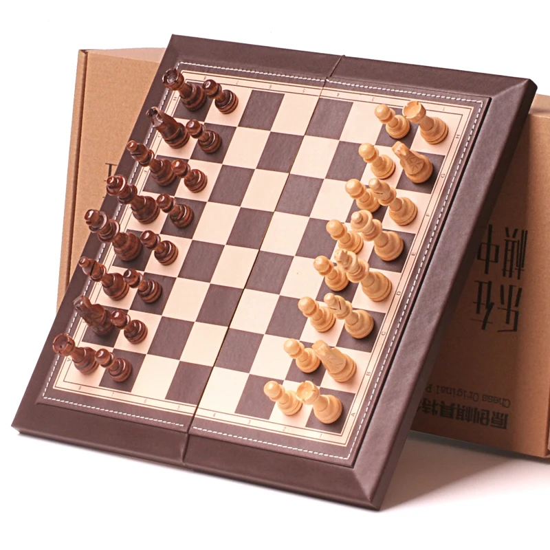 

New Wooden Magnetic Chessmen with Leather Chessboard Set Classical Chess King Height 55mm Floding Chessboard Chess Game Set I171
