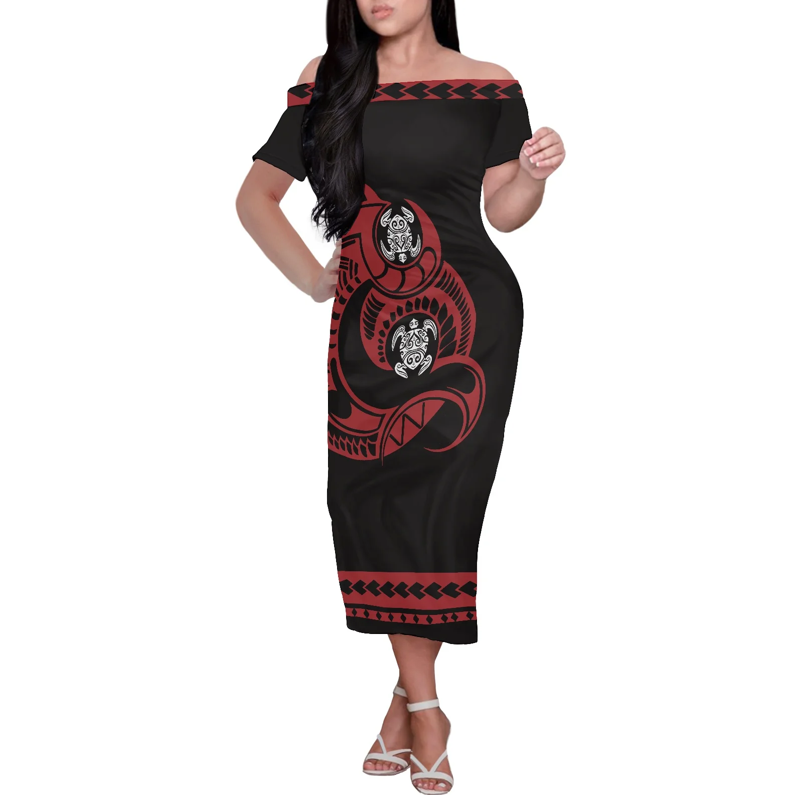 

Women Summer Casual Short Sleeve Off Shoulder Party Dresses Polynesian Tribal Sea turtle Printing Floral Vintage Dres
