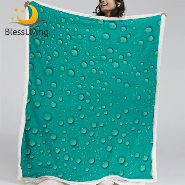 BlessLiving Water Drops Linen Blanket Turquoise Green Bedding 3D Printed Custom Blanket Solid Color Trendy Sherpa Fleece Blanket 1