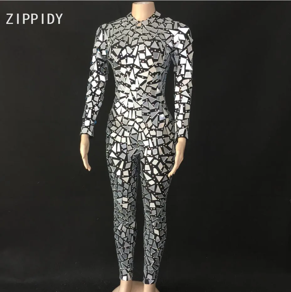 

Sparkly Silver Mirrors Rhinestone Jumpsuit Madam Birthday Celebrate Leggings Outfit Bar Dancer Sequins Outfit