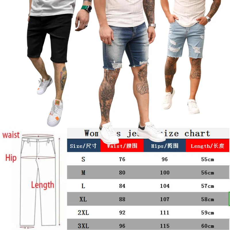

New Men Stretchy Ripped Skinny Biker Solidcolor Jeans Shorts Destroyed Hole Slim Fit High Quality Denim Shorts Free Shipping