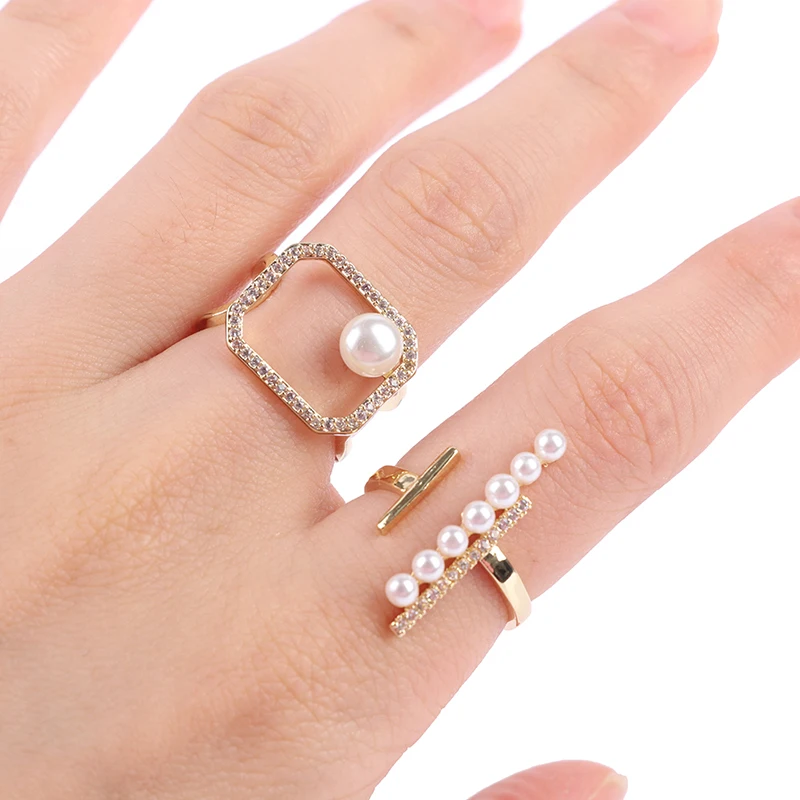 

1PC Trendy Zircon Open Ring Women Simulated Pearl Geometric Rings Brass Jewelry