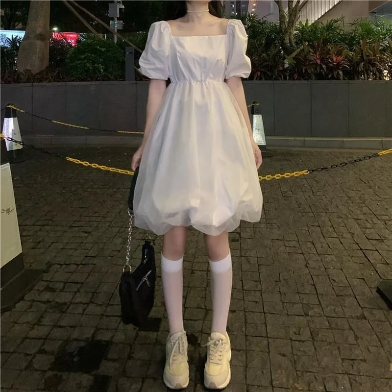 

Women's Summer White Mesh Dress Lolita Puff Sleeve Kawaii Cute Fairy Party Dress 2021 Fashion Women Korean Style Clothing
