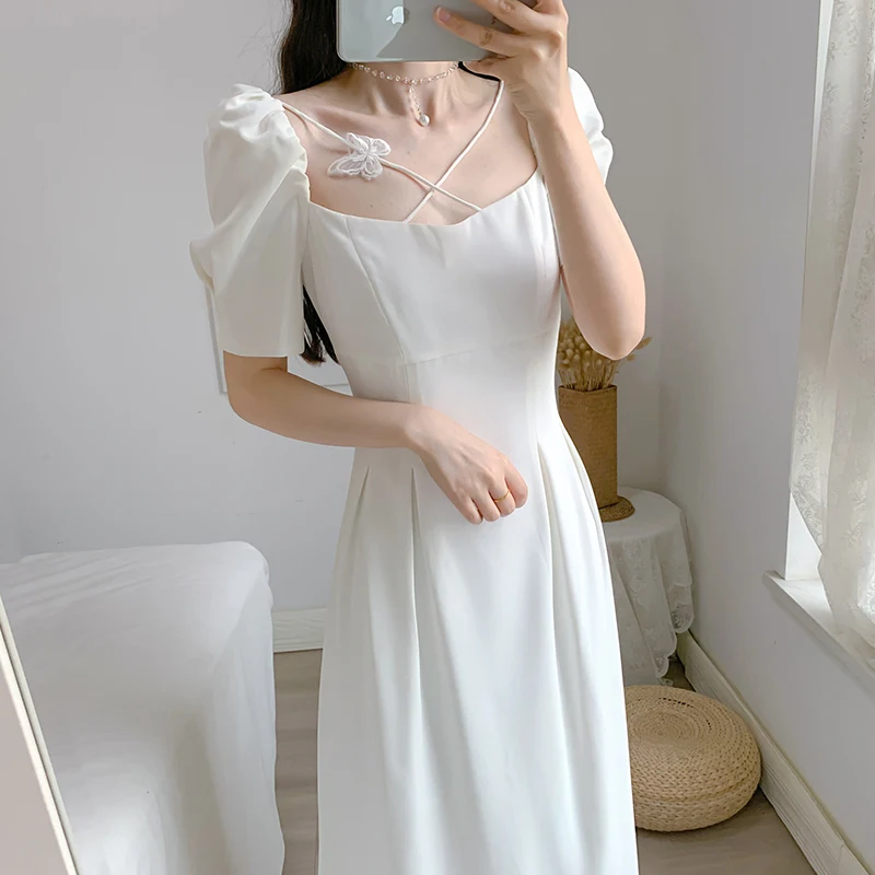 

COIGARSAM French Style Women dress Square Collar Dresses White 6635