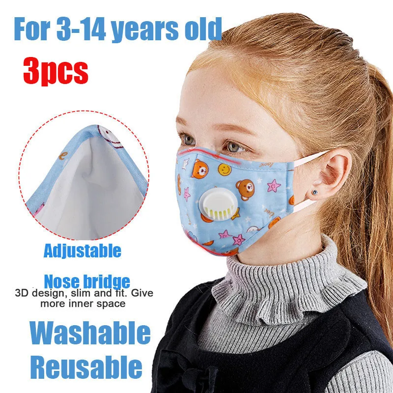 

3pcs Child Mask PM2.5 Filter Respirator Mask Breath Valve Anti Dust Protective Recycle Mouth Mask reusable mask for children kid