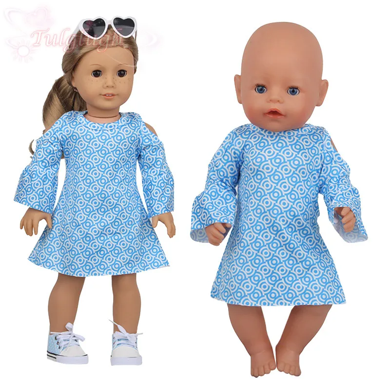 

2021 New Corrugated Skirt Blue Dress Doll Clothes Wear Fit 43cm Baby New Born doll,18 Inch Doll Clothes Accessories