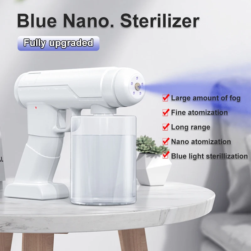 

2021 500ML Disinfection Gun Electric Nano Alcohol Sanitizer Sprayer Blue Light USB Rechargeable Atomizing Spray Garden Supplies