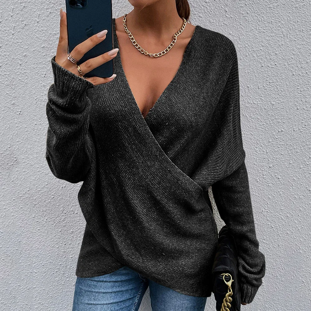 

Women's Autumn New Sweater Pullover Casual Simple Fashion Style Solid Color Loose Cross-type Long-sleeved V-neck Top Sweater