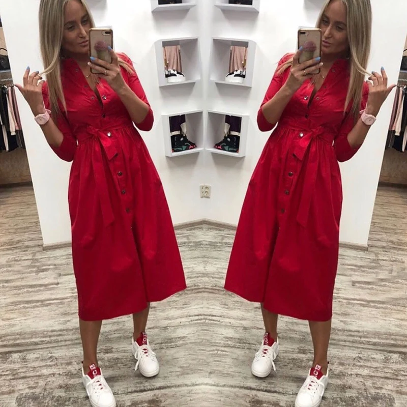 

Women Casual Sashes a Line Party Dress Ladies Button Turn Down Collar OL Style Shirt Dress 2021 Summer Solid Knee Dress
