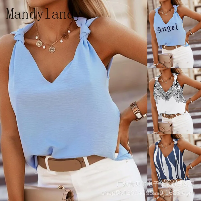 

Женская летняя элегантная майка Mandylandy, Женская Повседневная модная футболка без рукавов с V-образным вырезом