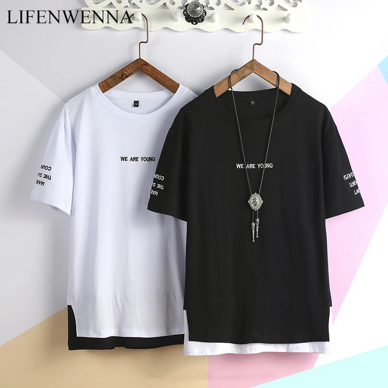 LIFENWENNA, уличная Хлопковая мужская футболка, Лоскутная, топ, футболка, Homme, хип-хоп, буквы, вышивка, короткий рукав, Мужская футболка, M-5XL