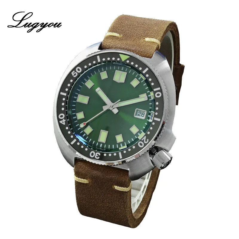 Green No Logo Lugyou Сан Мартин черепаха Diver Мужские часы из нержавеющей стали механический керамический вращающийся ободок 20 бар сапфировый Кристалл кожаный ремешок - Цвет: Green No Logo