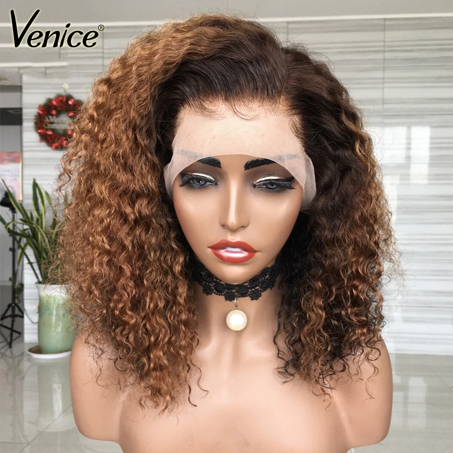 Парик из натуральных вьющихся волос с эффектом омбре Короткие парики на сетке 13x6