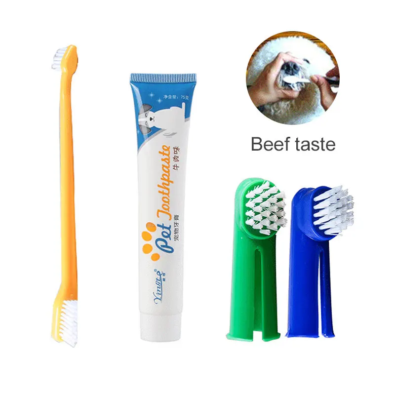 Beef taste Зубная паста для домашних животных набор кистей для пальцев и двухконцевая зубная щетка для кошек и собак Уход за зубами и деснами комплект средства по уходу за животными - Цвет: Beef taste