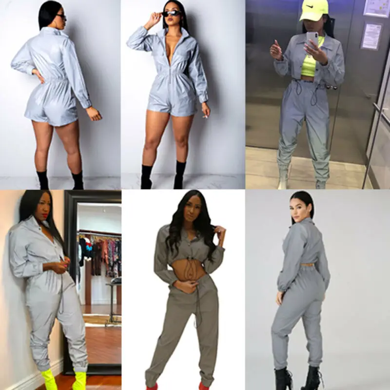 

Women Sexy Reflective Tracksuit Streetwear Reflective Button Long Sleeve Crop Top Long Casual Pants Lady Club Sport 2pcs Suits