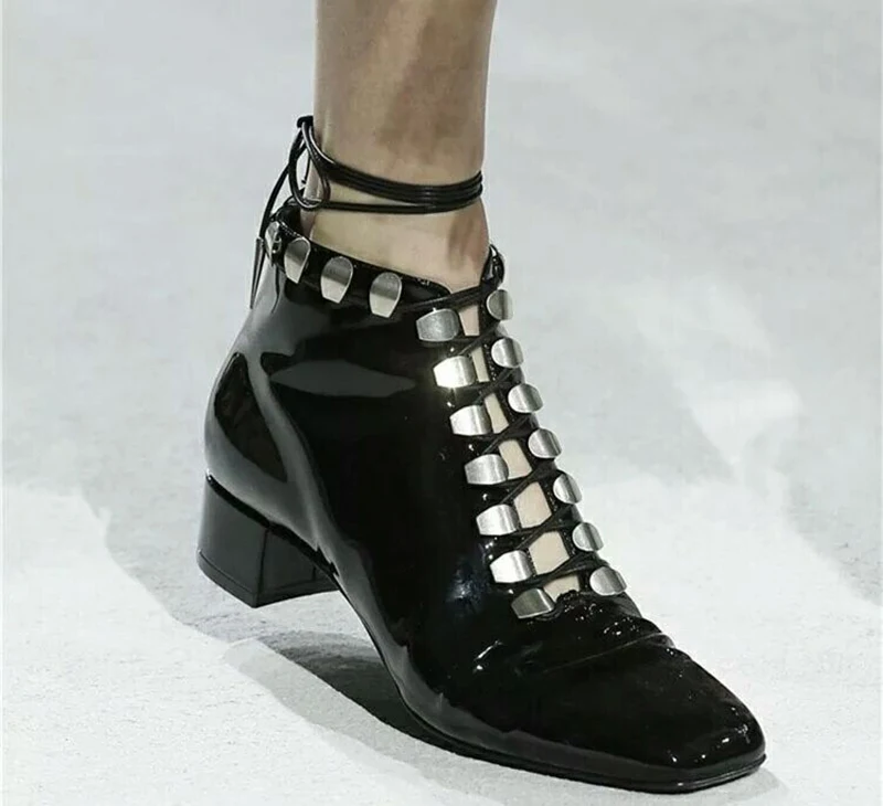 

WETKISS Patent Leather Motorcycle Boots Women Thick Heels Boot Female Metal Cross Tied Shoes Lady Square Toe Shoes Women Winter