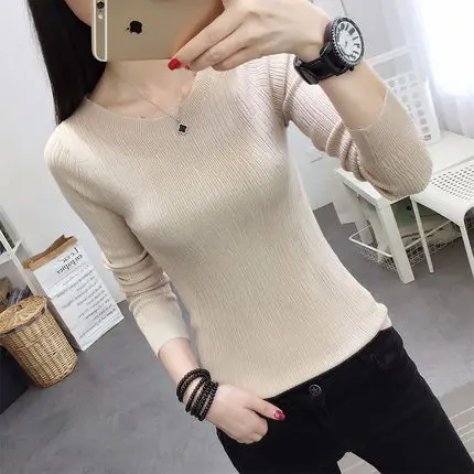 OHCLOTHINGnew style2019, короткий рукав, хлопок, круглый вырез, свитер, Женский рукав, голова, рукав, рубашка, пять, Одноцветный, плотный свитер, тонкий, ремонт - Цвет: c-khaki