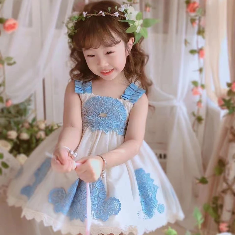 

2PCS Summer Lace Lolita Spanish Princess Vintage Voile Sleeveless Bow Ball Gown Dress For Baby Girls Birthday Party Easter 0-6Y