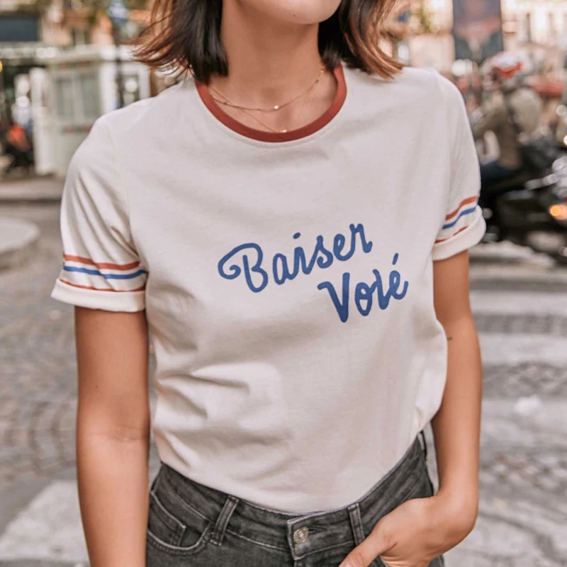 

Print Letter T shirt Women Striped Short Sleeve Round Collar Loose Tops Elegant Tee 2021 Chic Boyfriend Vintage Casual Tee Tops
