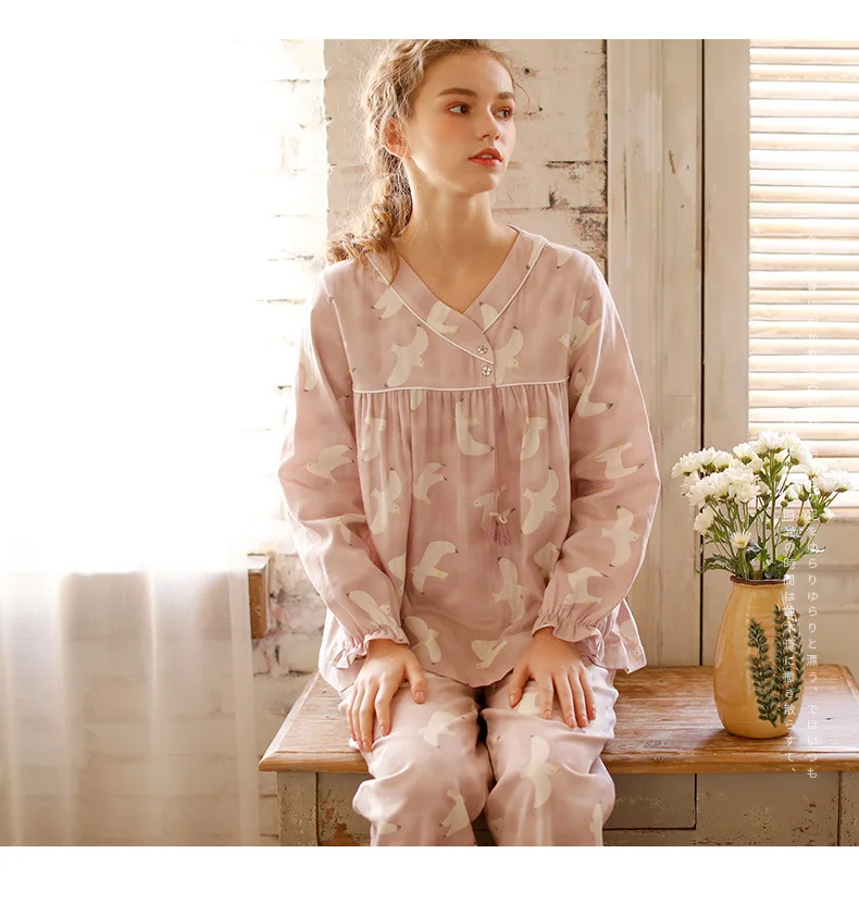 

XIFER Pure Cotton Pajamas Women Spring and Autumn Cotton Gauze Long-sleeved Trousers Suit Ladies Home Service Xl Pajamas