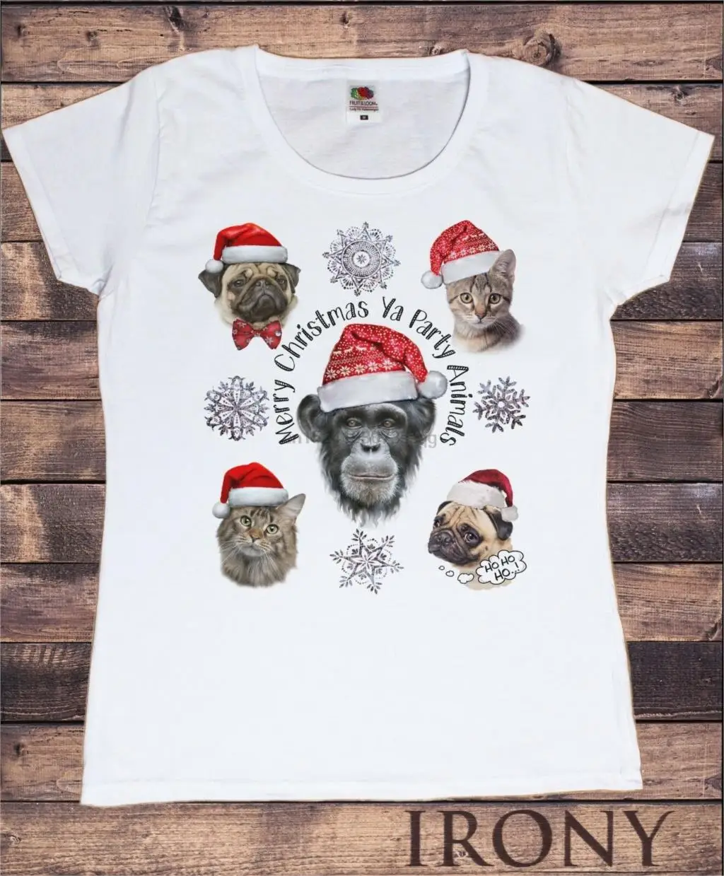 

Women's T-Shirt Merry Christmas Ya Party Animals Chimpanzee Cats Kitten TS1086