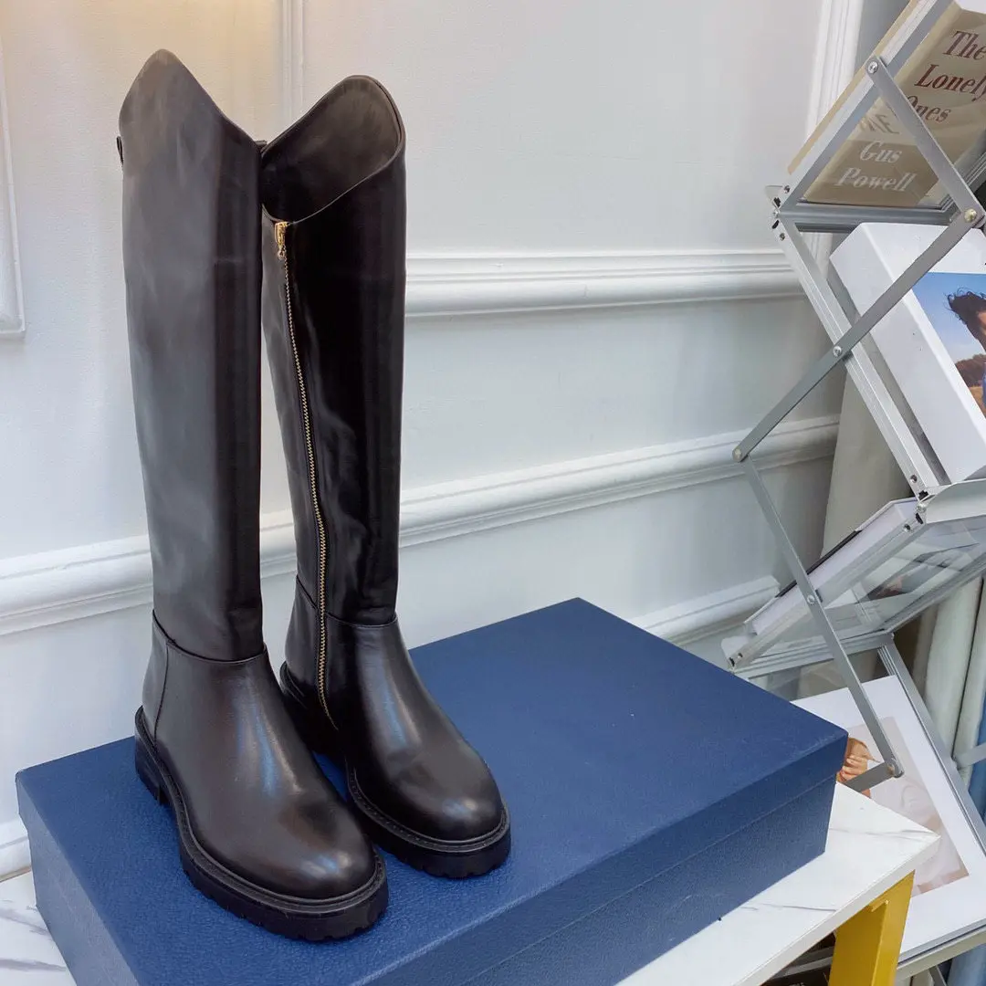 

Casual Designer Women Chelsea Boots Black Genuine Leather Chains Thick Sole Knee Long Booties Martin Boots Motorcycle Boots