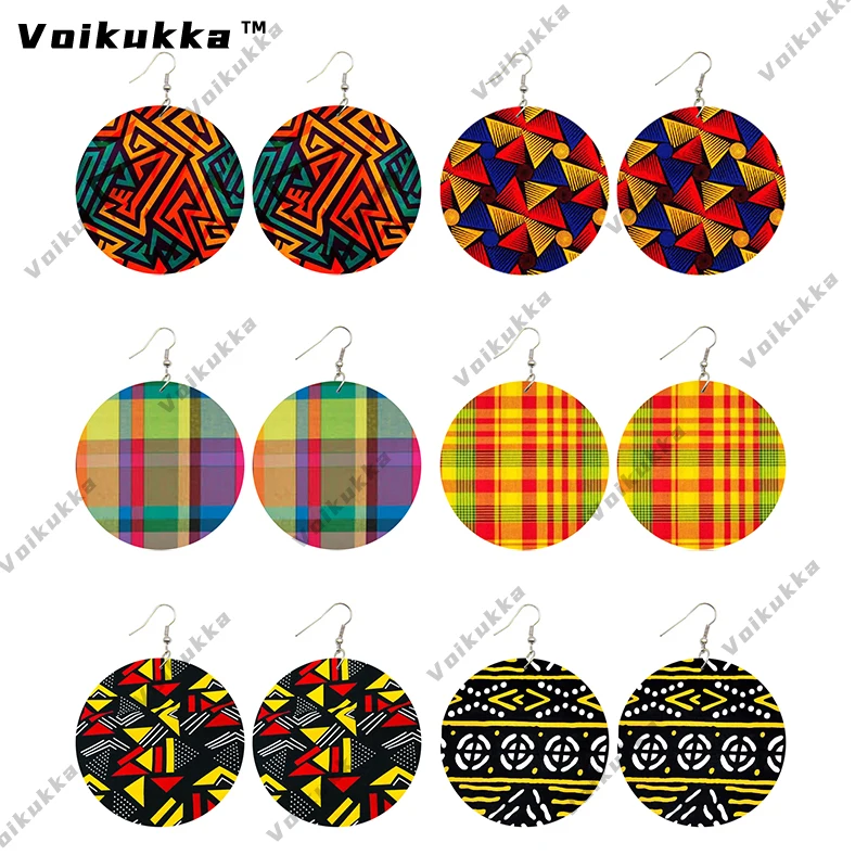 

Voikukka Jewelry Mixed 6 Pairs Circle Pendant Scottish Plaid Shirt Fabric Pattern Both Sides Drop Earring For Women Accessories