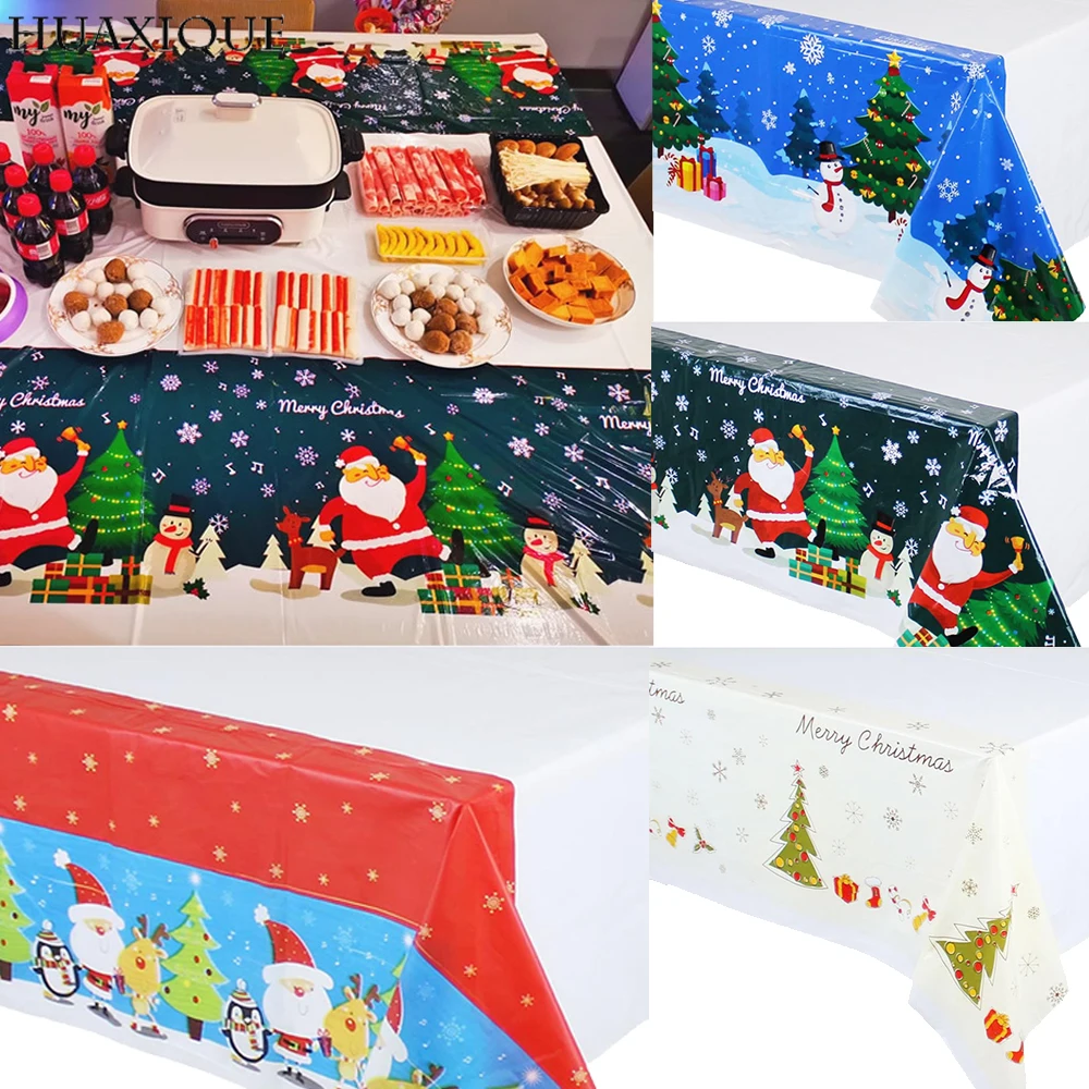

Christmas Theme Decoration Tablecloth Santa Claus Bell Tree Pattern Disposable Plastic Tablecover Xmas Festival Party Favor
