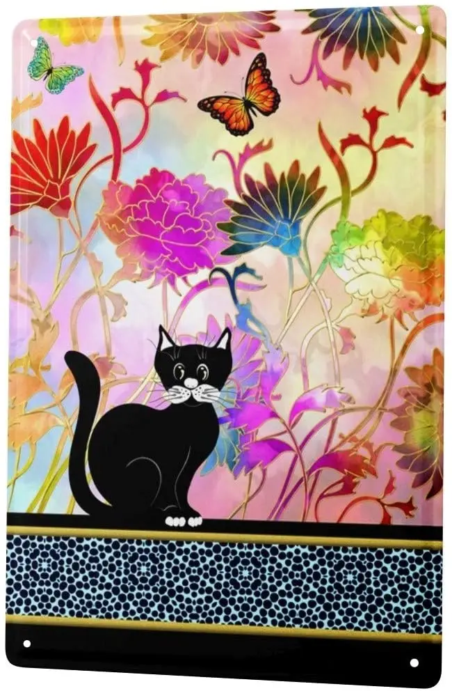 

LEotiE SINCE 2004 Tin Sign Metal Plate Decorative Sign Home Decor Plaques Cat Decoration Black cat with Colorful Flowers Metal