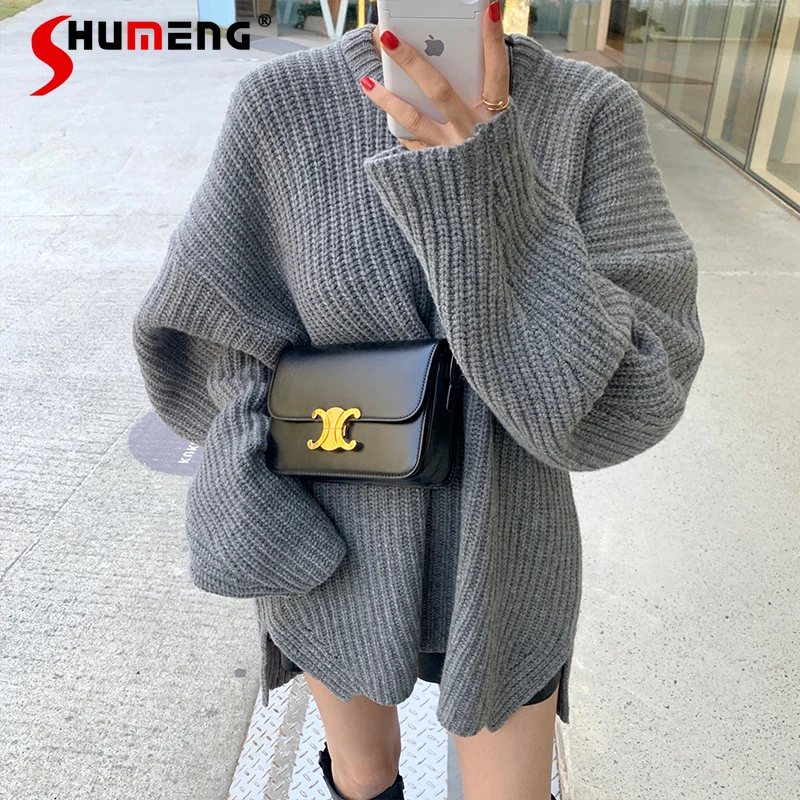 

Корейский ретро плотный теплый свитер для женщин, новинка сезона осень-зима 2021, необычный свободный свитер, пуловер, студенческий Повседнев...