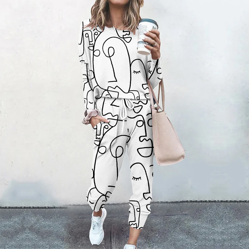 

Long Sleeve Abstract Print Female Tops And Elastic Waist Pants Casual Streetwear Tracksuit Women 2 Piece Sets Pullovers Cloting