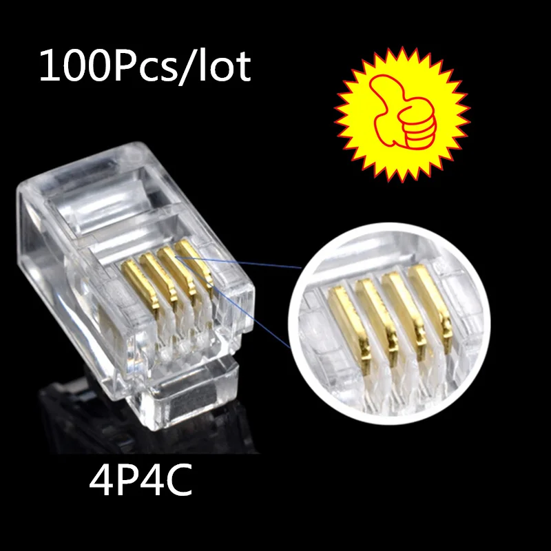 100Pcslot RJ11 4P4C New Crystal Head Modular Plug Gold Plated Network Connector Wholesale
