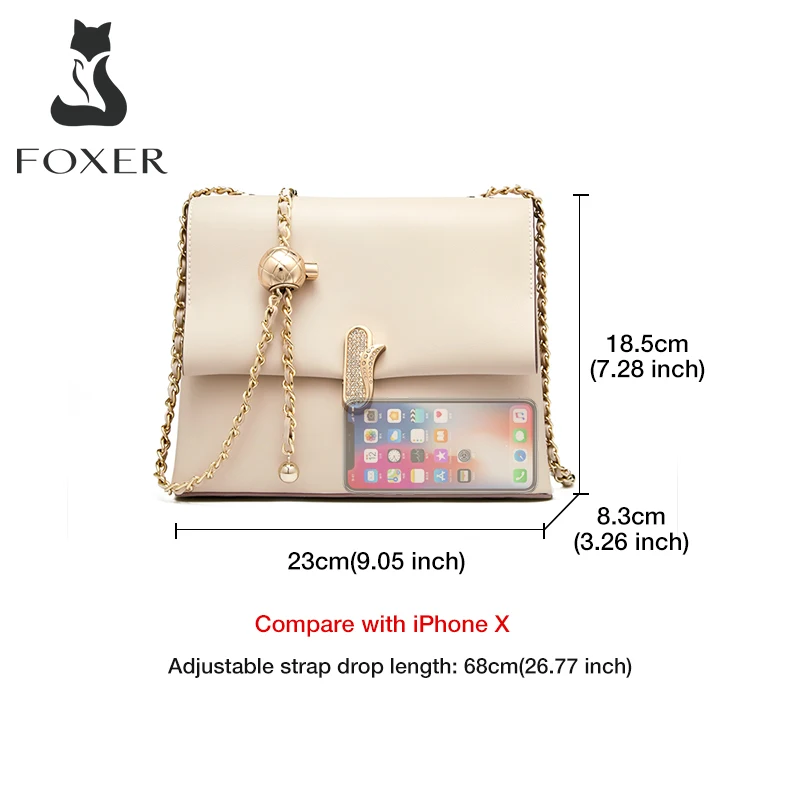 FOXER Split Leather Lady Golden Ball Adjustable Chain Shoulder Bag Simple Large Capacity For Women Square Crossbody Female Purse