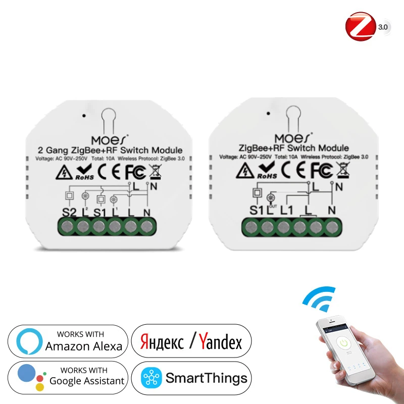 

Tuya ZigBee 3.0 Smart Light Switch Relay Module RF433 1/2 Gang Smart Life/Tuya App Control, Works With Alexa Google Home Yandex