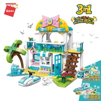 qman relaxed holiday travel cottage 3 in 1 transform building tour blocks ice cream cars and yacht theme toys
