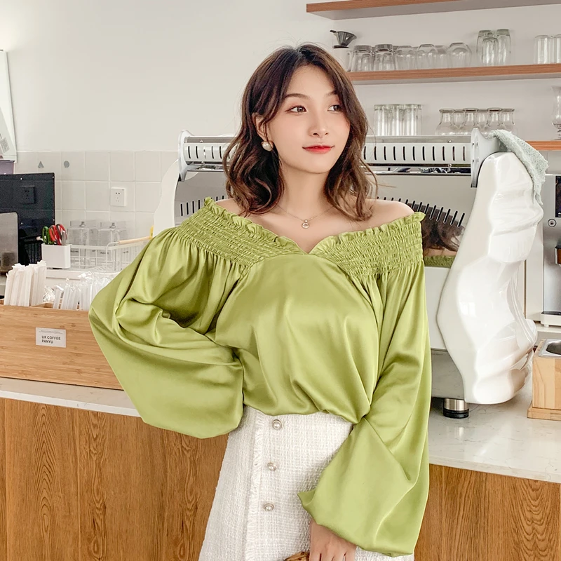Осенние корейские модные шелковые женские блузки атласное с длинными рукавами