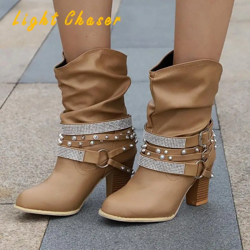 New Style Short Boots Gothic Punk Women's High-heeled Women's Boots Thick Heel Belt Buckle Rivets Plus Size Ladies Boots 34-43