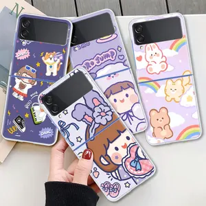 case for samsung galaxy z flip 3 5g transparent hard cell phone cover zflip3 clear pc luxury fundas cute cartoon girl free global shipping