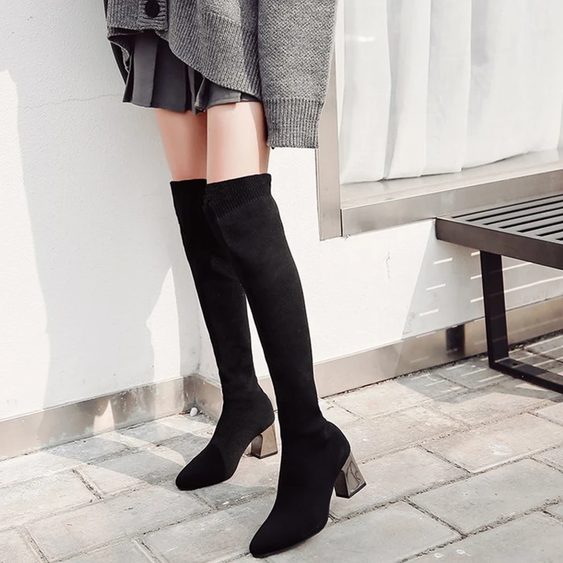 Женские эластичные сапоги выше колена элегантные женские туфли лодочки без
