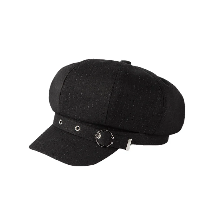 

Autumn Winter Fashion Korean Hat Beret Gold Vintage Black Painter Cap with Metal Buckle Hot Octagonal Hats Gorras Para Mujer C
