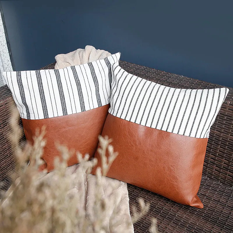 YokiSTG PU Leather Cushion Covers For Sofa Bed Car Seat Brown Linen Stripe Decorative Pillowcases Luxurious Throw Pillow Home | Дом и сад